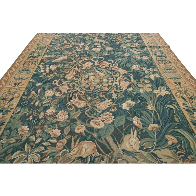 French Vintage French Aubusson Handcrafted Wool Rug in Green With a Foliage Design For Sale - Image 3 of 11