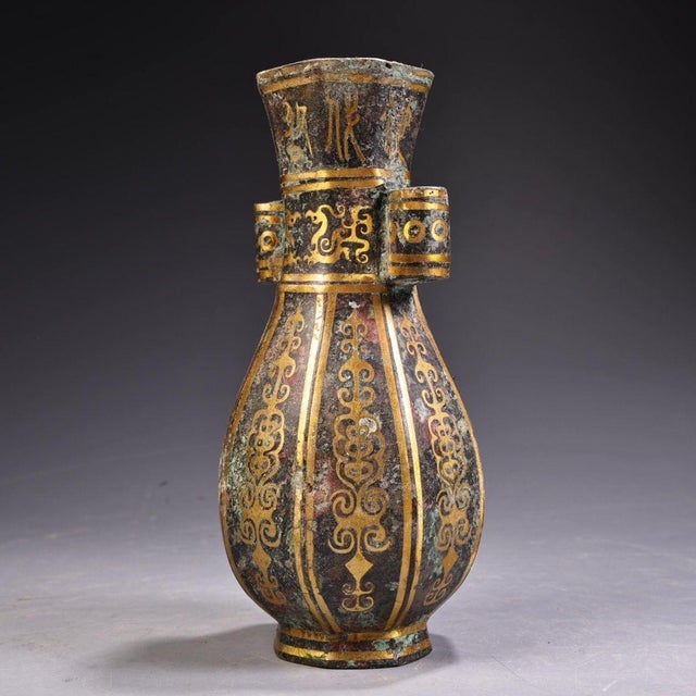 Bronze Vase With Gold Inlay, Archaic Style Arrow Ear Hu Vessel, Chinoiserie Tabletop Bronze Decor For Sale - Image 4 of 10
