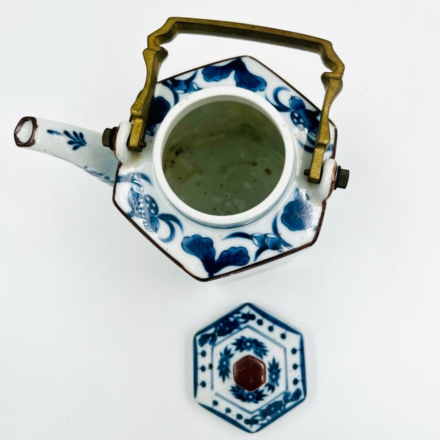 Vintage Blue and White Chinoiserie Hexagon Teapot With Bronze Handle For Sale - Image 10 of 15