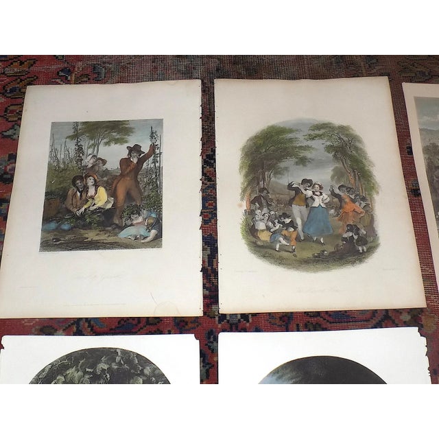 This set of antique 19th century hand colored engravings depict women and genre scenes.. Printed in England on one side...