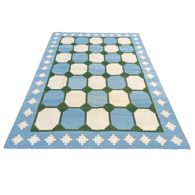 Handmade Cotton Area Rug Vegetable Dyed Sky Blue and Green Vista Rug-8'x10' For Sale - Image 9 of 11