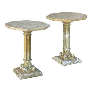 Traditional Neoclassical Composite Marble Pedestal Tables - a Pair For Sale