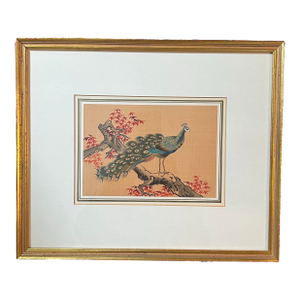 Mid 20th Century Vintage Chinoiserie Peacock Framed Silk Painting, Signed