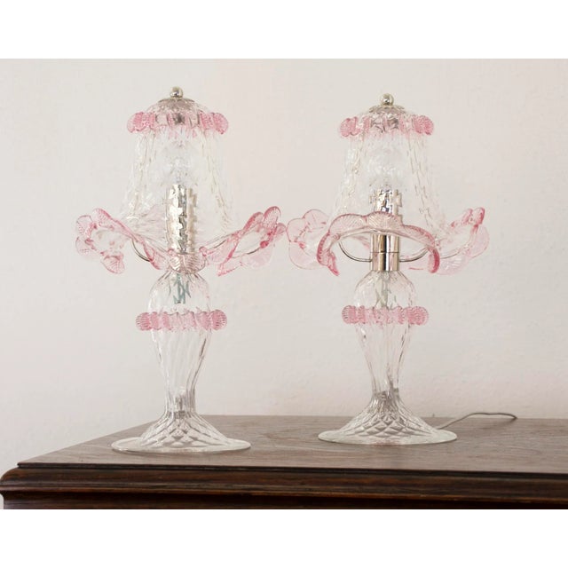 Set of 2 Murano glass table lamps crystal color with pink artistic decorations, handmade made in Italy. Require 2 E14...