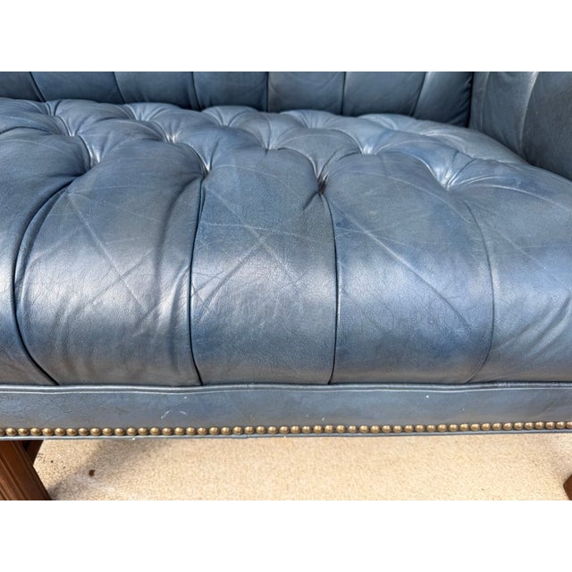 Vintage Blue Leather Camelback Chesterfield Sofa For Sale - Image 14 of 18