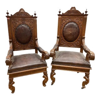 Late 19th Century Large Pair of French Calver Dining Armchairs Leather Fabric For Sale