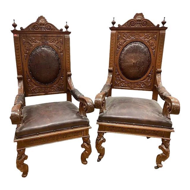 Late 19th Century Large Pair of French Calver Dining Armchairs Leather Fabric For Sale