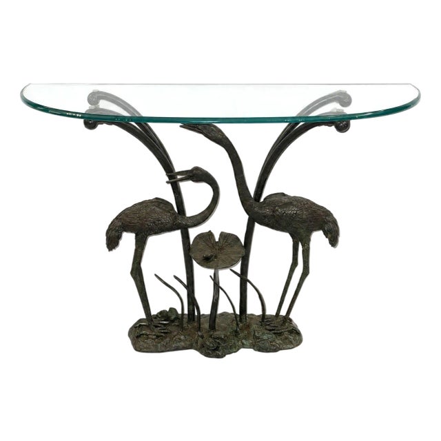 LaBarge Bronze Crane & Lily Pad Glass Top Console Table. u.s.a Late 20th Century For Sale