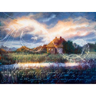 Saint Michel House Sunset by Christopher Clark | Oil and acrylic on wood panel Landscape with house at sunset For Sale