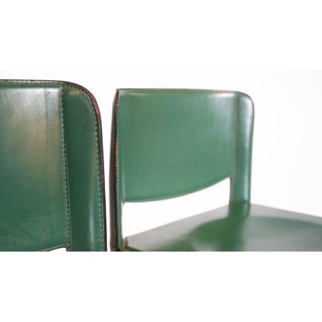 Animal Skin 1980s Mid-Century Matteo Grassi Green Saddle Leather Sistina Counter Stools - A Pair For Sale - Image 7 of 16