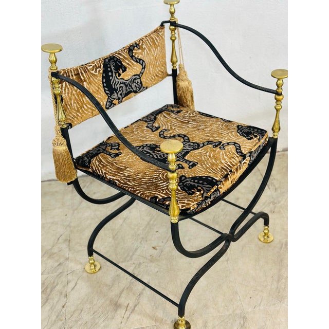 Textile Restored Antique Iron and Brass Chair Reupholstered in Designer Velvet For Sale - Image 7 of 10