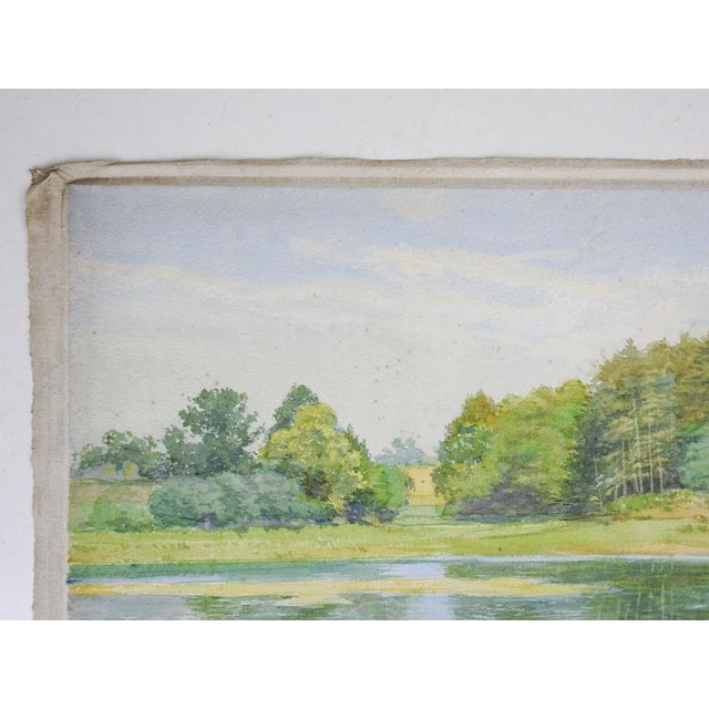 Vintage late 19th century watercolor on handmade paper lakeside landscape painting. Unsigned, detailed and delicate french...