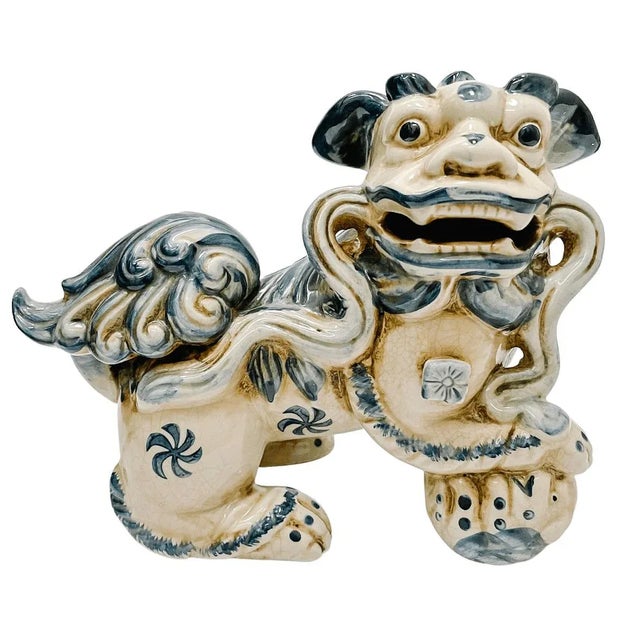 Chinoiserie Contemporary Chinese Blue & White Chinese Foo Dogs - A Pair For Sale - Image 3 of 10