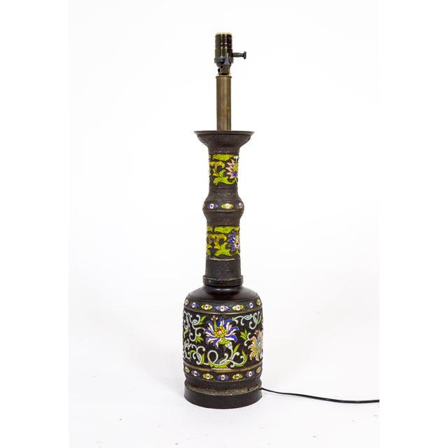 Metal Tall Black Champleve Enamel Bronze Lamp With Polychrome Flower Design For Sale - Image 7 of 11