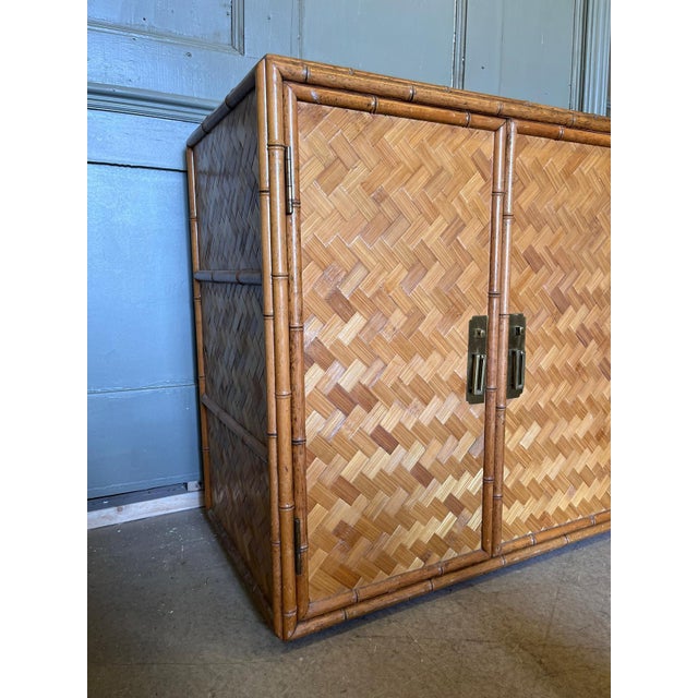 Vintage Bamboo and Rattan Double Door Cabinet with Brass Handles For Sale - Image 6 of 10