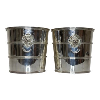 Pair of 1990s Regency Style Lion Barrel Champagne Wine Ice Coolers With Top Hat Liners For Sale