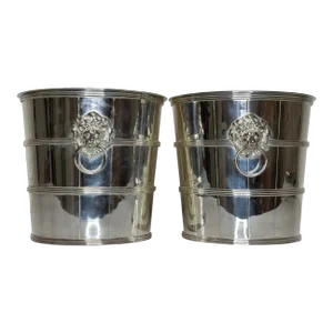 Pair of 1990s Regency Style Lion Barrel Champagne Wine Ice Coolers With Top Hat Liners