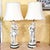 Elegant pair of vintage Neoclassical table lamps featuring one male and one female Greco-Roman figure in beautifully...