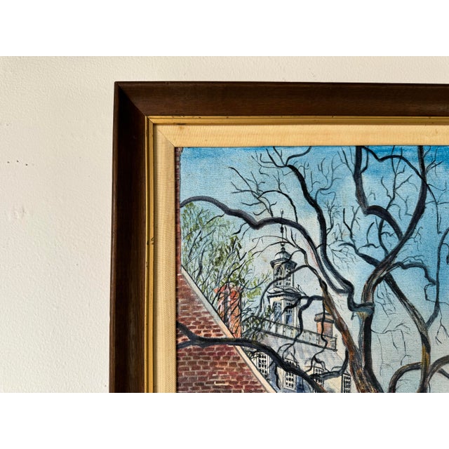 1980s 1980's Edwina Z. Worsley Historic Brick Architecture and Winter Tree Landscape Oil Sold For Sale - Image 5 of 11