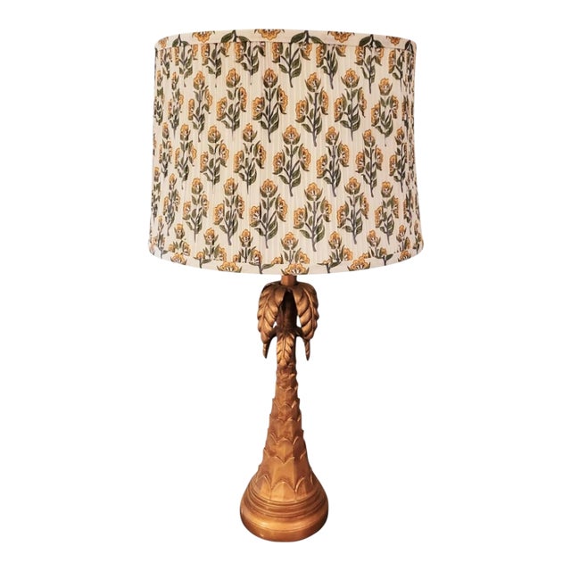 Vintage Gold Gilt Serge Roche Style Palm Tree Table Lamp W/Pleated Floral Shade For Sale