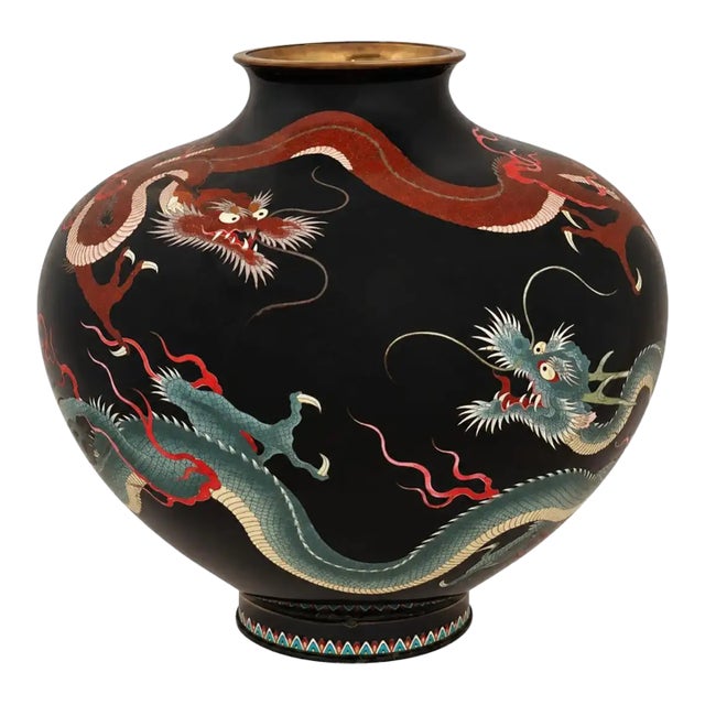 Monumental Meiji Japanese Cloisonne Enamel Double Dragon Vase For Sale