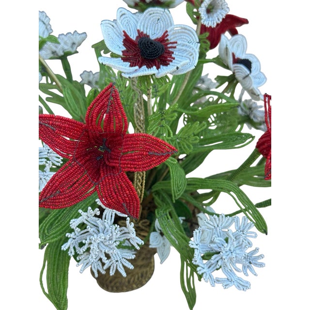 Vintage French Imortelle Glass Beaded Memorial Basket Bouquet For Sale - Image 4 of 12