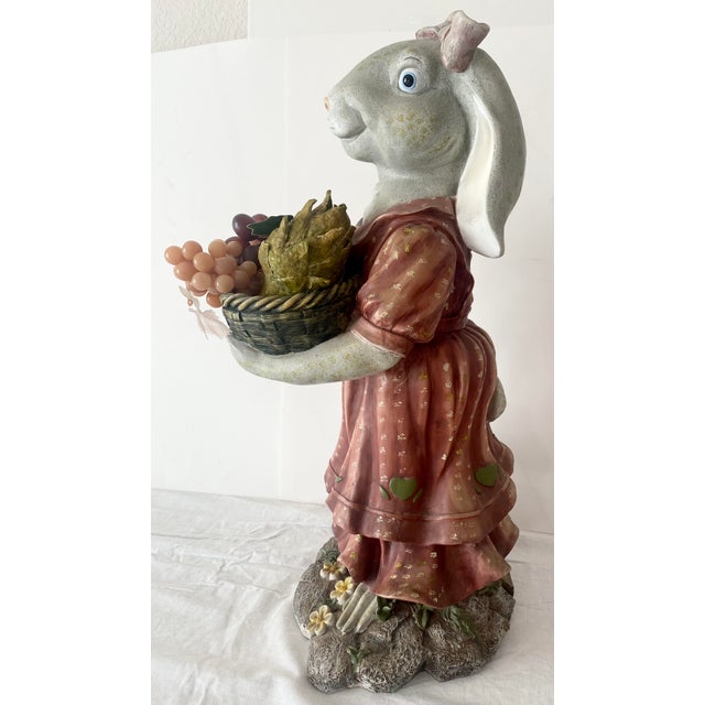 Plastic Large Folk Art Country Whimsical Bunny Rabbit Holding a Basket Statue Excellent Condition. For Sale - Image 7 of 11