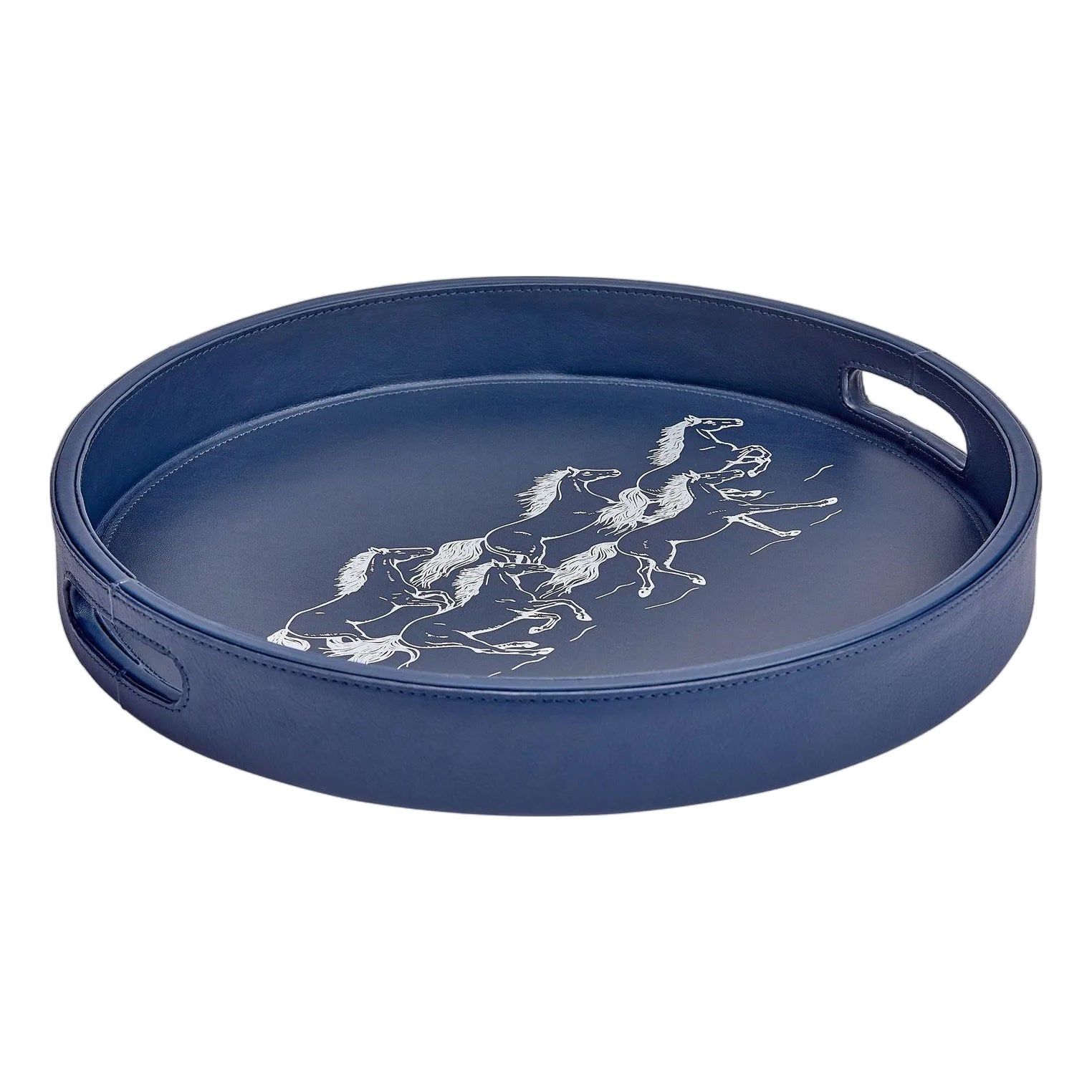Running Horses Round Leather Tray, Navy Blue | Chairish