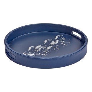 Running Horses Round Leather Tray, Navy Blue For Sale