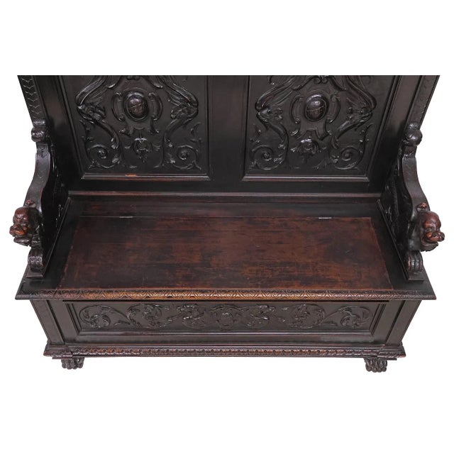 1800s Antique Hall Bench, Italian Ren Revival, Walnut, W/ Dragons, Storage!! For Sale - Image 4 of 7