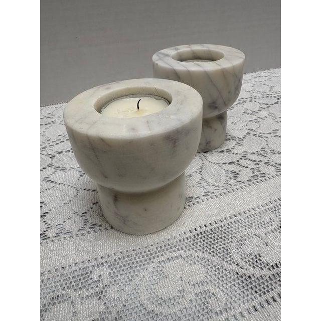 Alabaster Set of Two White Alabaster Candleholders, a Pair For Sale - Image 8 of 9