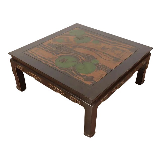 Chinese Ebonized and Gilt Pond Scene Coffee Table For Sale