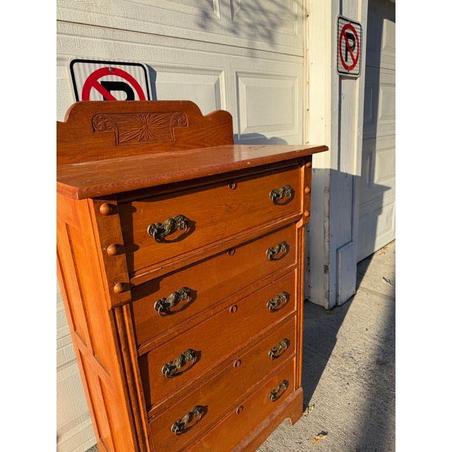 Brown Antique Victorian Eastlake Oak Highboy Dresser With Knapp Joints and Carved Sunburst Crest For Sale - Image 8 of 12
