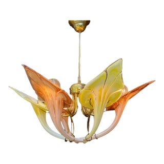 Mid 20th Century Italian Murano Style Art Glass Leaf Chandelier in Amber and Brown – 6 Light For Sale