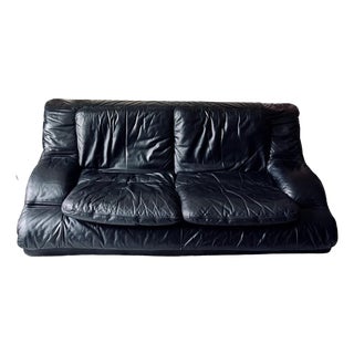 1980’s Postmodern Black Leather Sofa For Sale