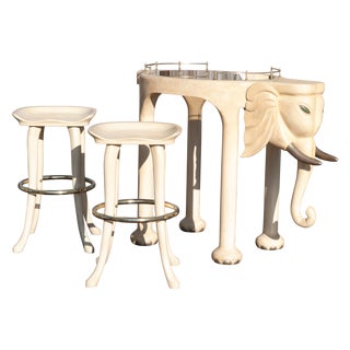 Carved Wood Elephant Bar & Stools Set For Sale