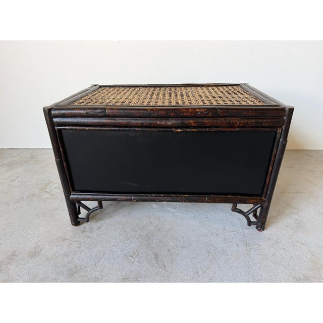 Vintage Chinoiserie Black Lacquered Bamboo Vanity Dressing Table With Mirror, Side Cabinets & Wicker Bench For Sale - Image 16 of 17
