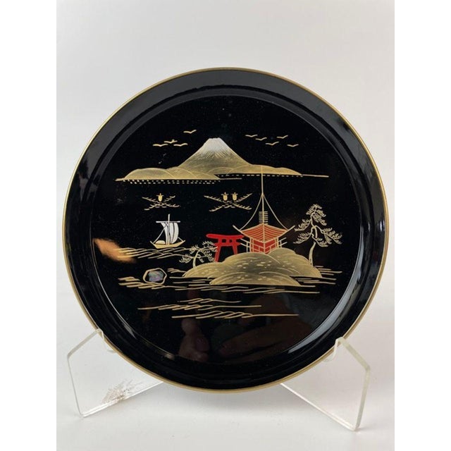 Plastic Vintage Japanese Mount Fuji Black Lacquerware Sake Set With Six Stemmed Cups, Tray and Original Box - 8 pcs For Sale - Image 7 of 15