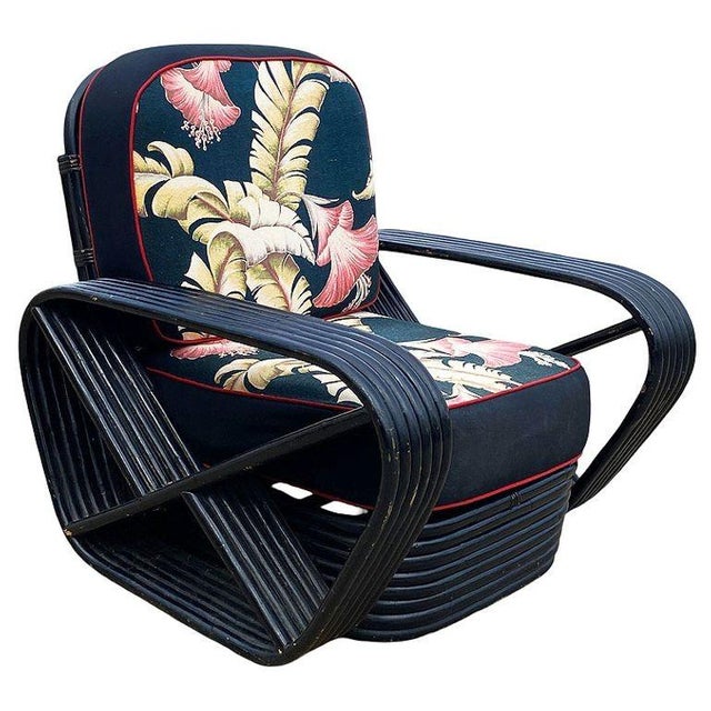 1950s Restored Black Frankl Style 6-Strand Square Pretzel Rattan Sofa Lounge Chair Set For Sale - Image 11 of 18