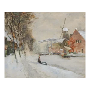 Antique Belgian Winter Scene Painting