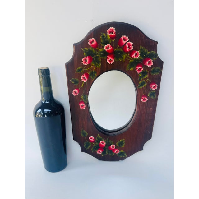 Vintage Hand Painted Floral Wood Wall Mirror Folk Art Pink Flowers For Sale - Image 9 of 9