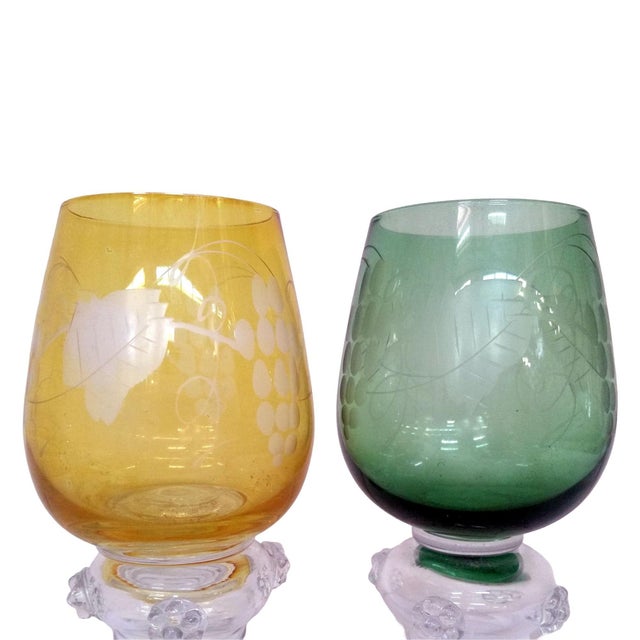 1990s Gulla Skruf Green & Yellow Wine Goblets - A Pair For Sale - Image 5 of 7