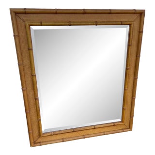 Large Vintage Wooden Faux Bamboo Mirror For Sale