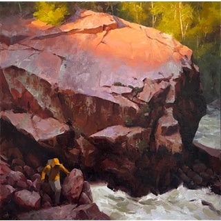 Granite Resolve by Judd Mercer | Oil on wood panel Landscape with a figure near a large rock formation. For Sale
