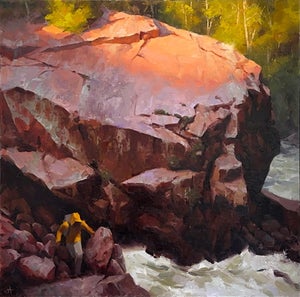 Granite Resolve by Judd Mercer | Oil on wood panel Landscape with a figure near a large rock formation.