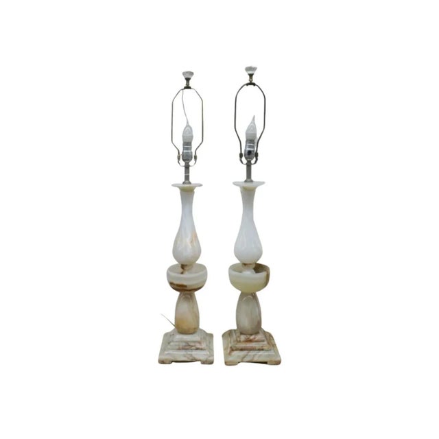 Almond Pair of Large Neoclassical Style Onyx Table Lamps For Sale - Image 8 of 12