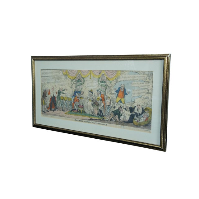 Early 19th century hand colored satirical engraving titled "John Bull in the Council Chamber" by George Cruikshank....