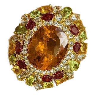 Bochic "Orient" Vintage Citrine & Peridot Cocktail Ring Set In 18K Gold&Silver For Sale