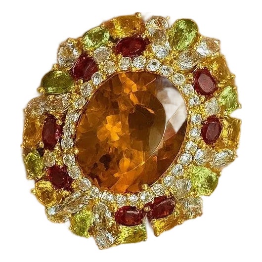 Bochic "Orient" Vintage Citrine & Peridot Cocktail Ring Set In 18K Gold&Silver For Sale