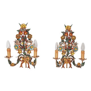 Floral Two-Armed Wall Lights, Italy, 1970s, Set of 2 For Sale